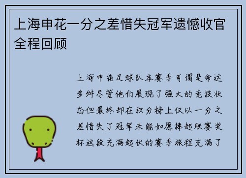 上海申花一分之差惜失冠军遗憾收官全程回顾