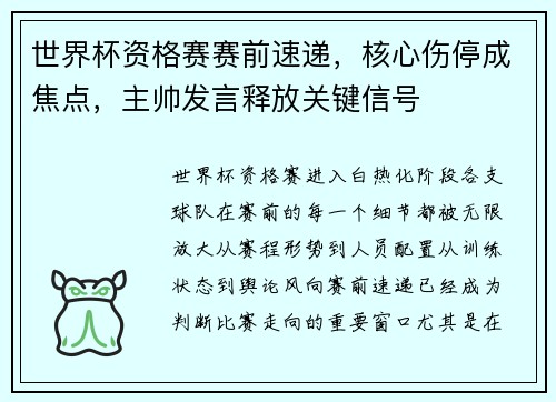 世界杯资格赛赛前速递，核心伤停成焦点，主帅发言释放关键信号